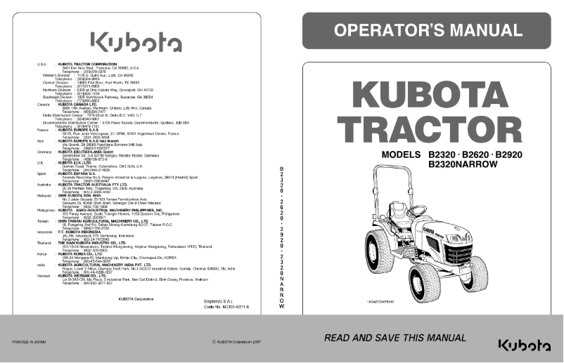 Page 1 de la notice Manuel utilisateur Kubota B2620