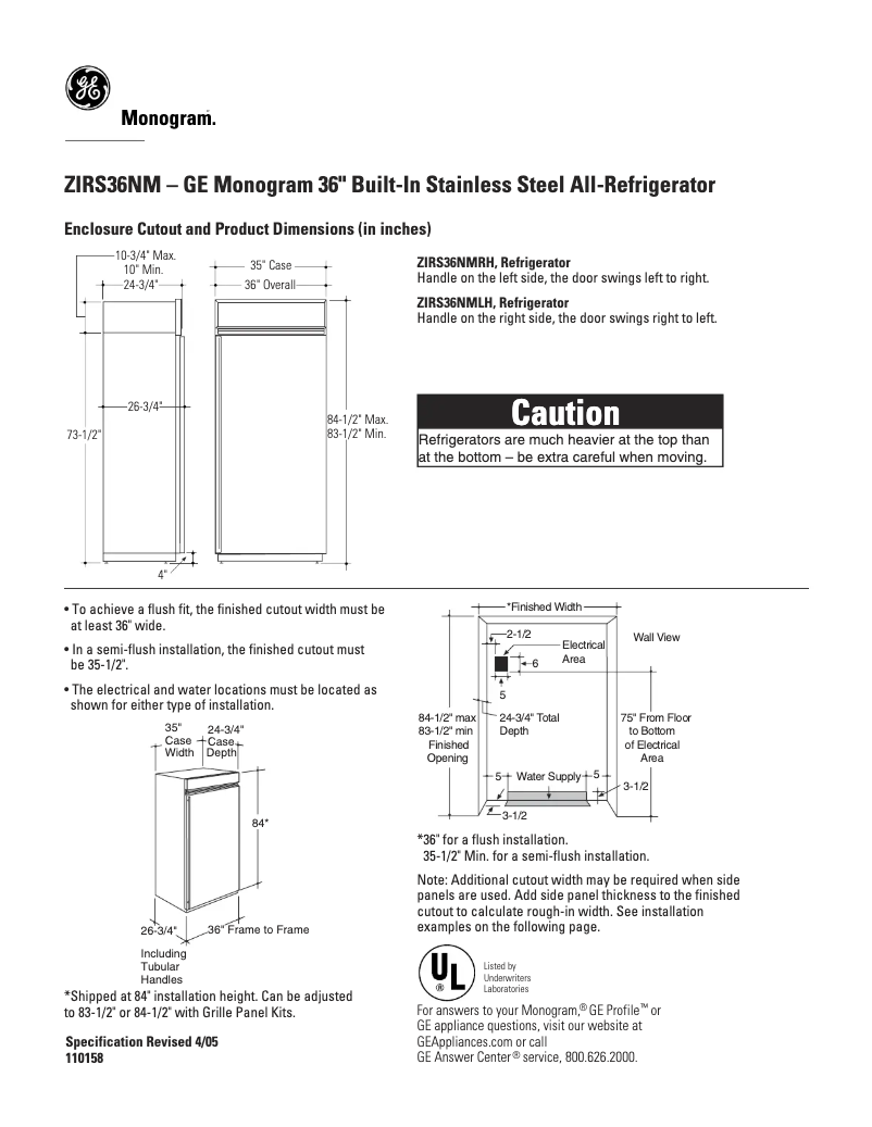 Page n°1 - Fiche technique GE ZIRS36NMLH