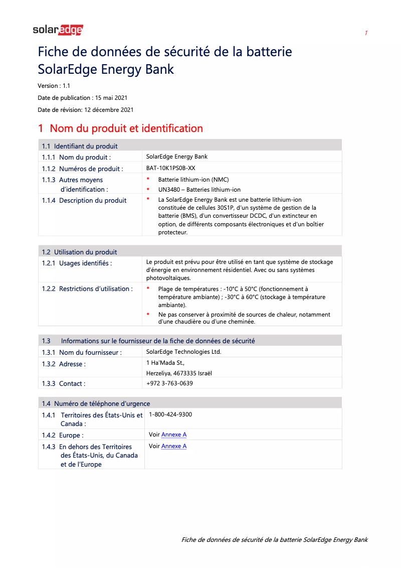 Page 1 de la notice Manuel utilisateur SolarEdge IAC-RBAT-RWYCBL-01