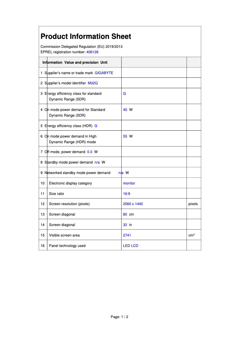 Page n°1 - Fiche technique Gigabyte M32Q