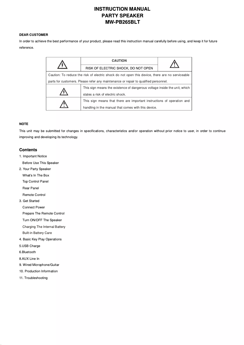Page n°1 - Manuel utilisateur Moonki MW-PB265BLT