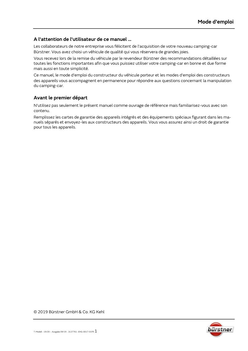 Page 1 de la notice Manuel utilisateur Bürstner Travel Van (2020)