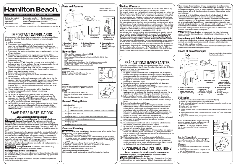 Page 1 de la notice Manuel utilisateur Hamilton Beach 62628