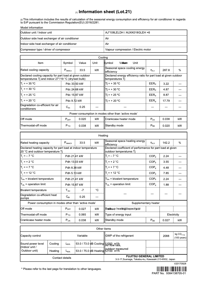 Page 1 de la notice Fiche technique Fujitsu Airstage AJH108LELDH