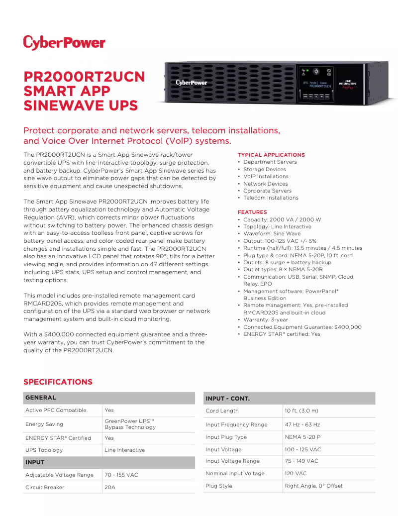 Page 1 de la notice Fiche technique CyberPower Smart App PR2000RT2UCN