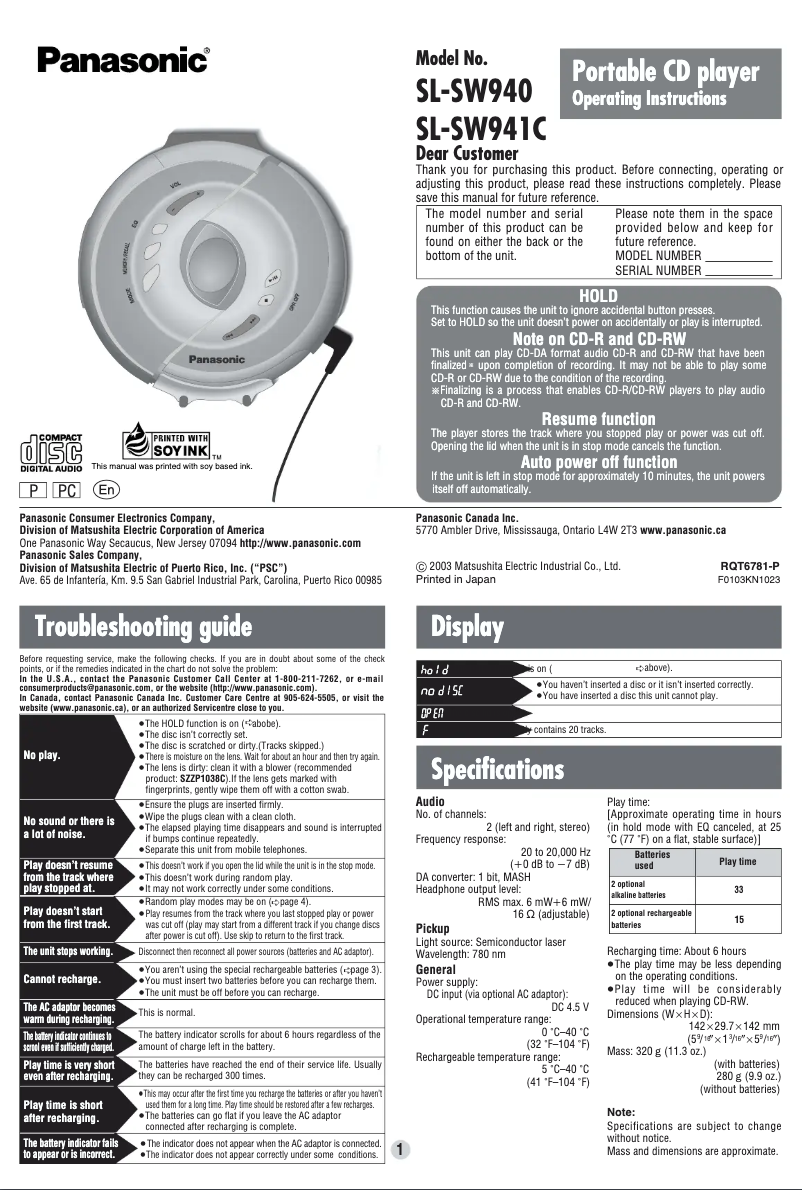 Page 1 de la notice Manuel utilisateur Panasonic SL-SW941