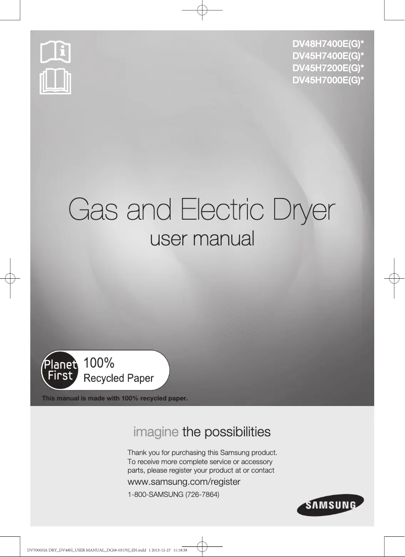 Page 1 de la notice Manuel d'utilisation et d'entretien Samsung DV45H7000E