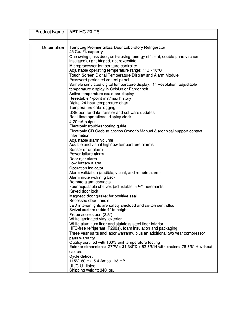 Page 1 de la notice Manuel utilisateur American BioTech Supply ABT-HC-23-TS
