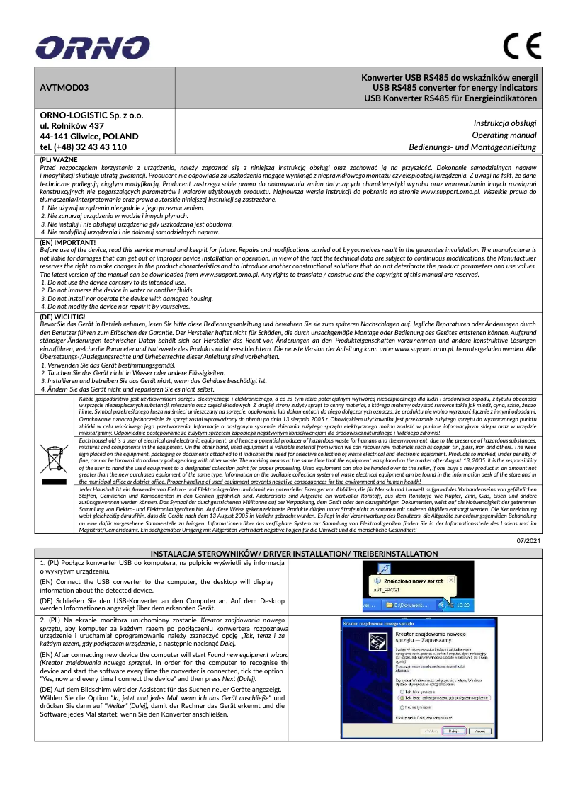Page 1 de la notice Manuel utilisateur ORNO AVTMOD03