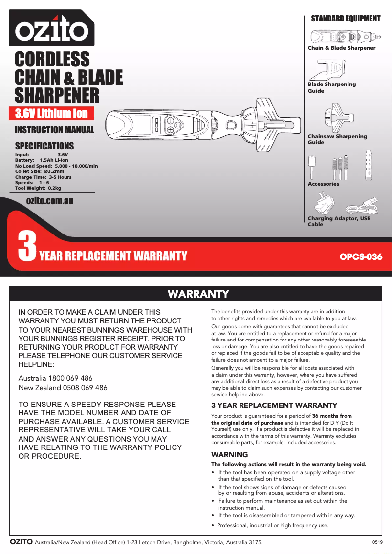 Page 1 de la notice Manuel utilisateur Ozito OPCS-036