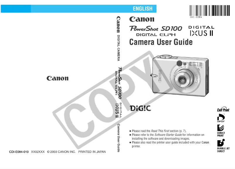 Page 1 de la notice Manuel utilisateur Canon Powershot SD 100