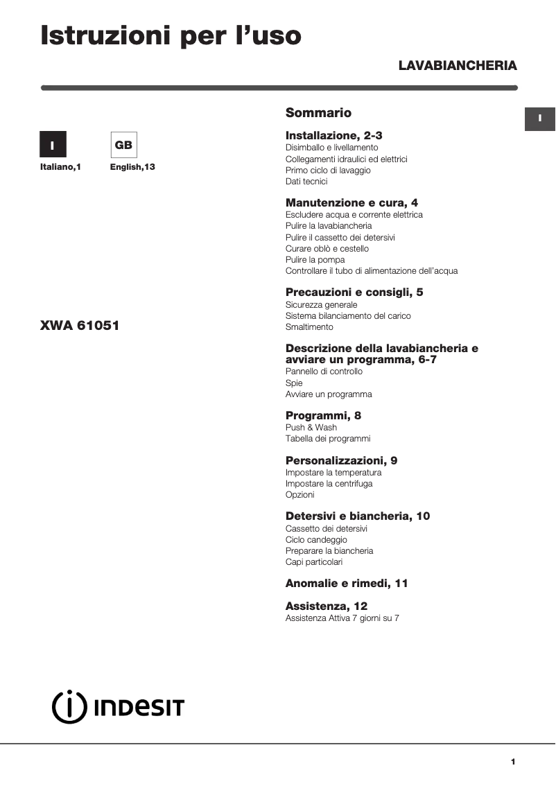 Page 1 de la notice Manuel utilisateur Indesit XWA 61051