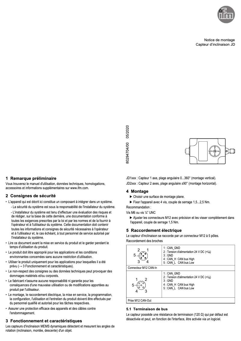 Page n°1 - Manuel utilisateur IFM JD1111