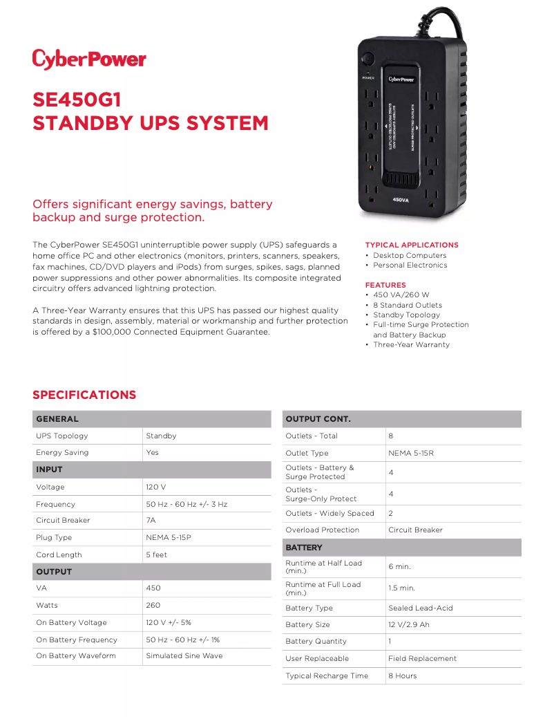 Page 1 de la notice Fiche technique CyberPower SE450G1