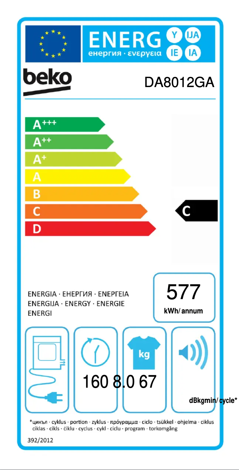 Page 1 de la notice Label énergétique Beko DA8012GA
