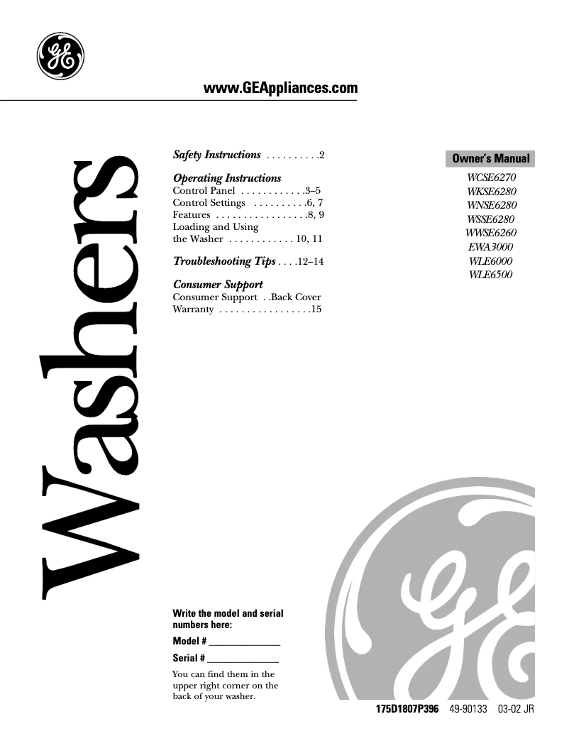 Page 1 de la notice Manuel utilisateur GE EWA3000BWW