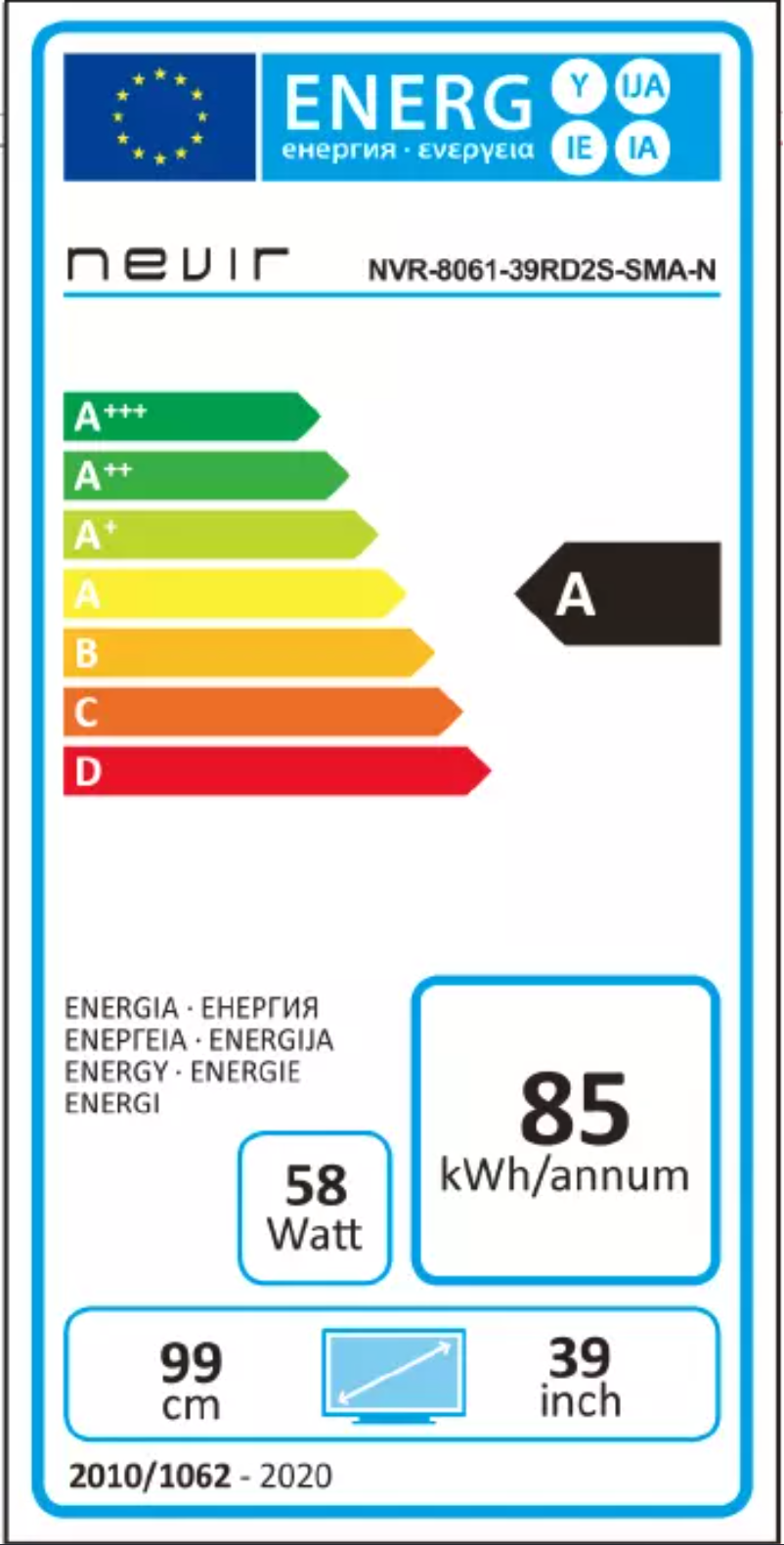 Page 1 de la notice Label énergétique Nevir NVR-8060-39RD2S-SMA-N