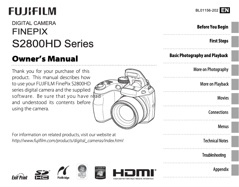 Page 1 de la notice Manuel utilisateur Fujifilm FinePix S2800HD