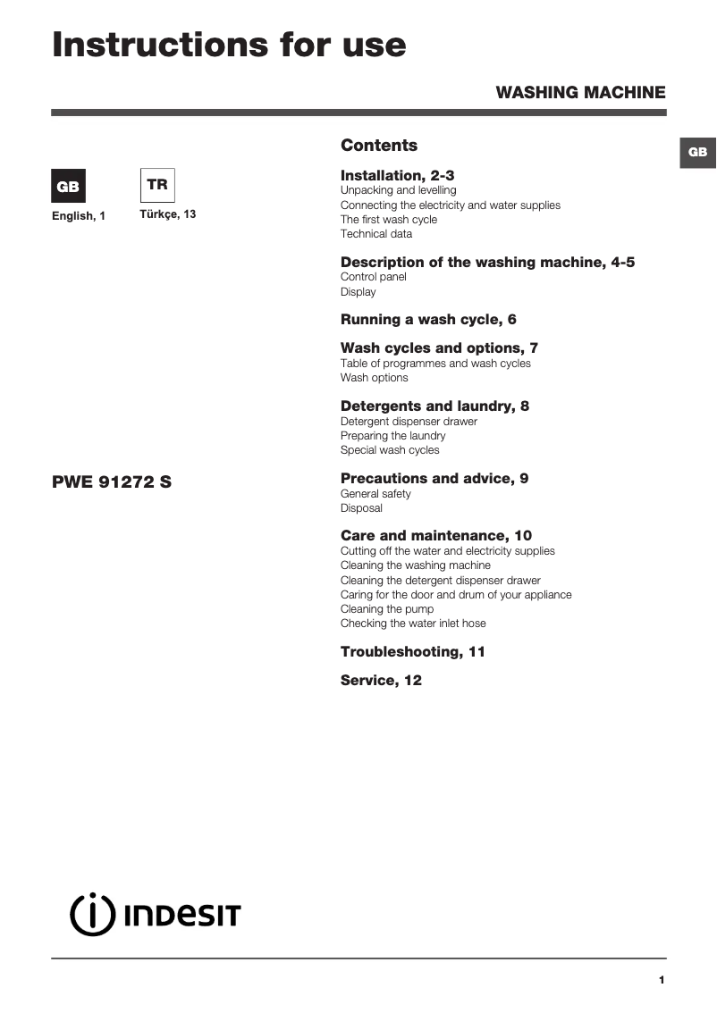 Page 1 de la notice Manuel utilisateur Indesit PWE 91272 S