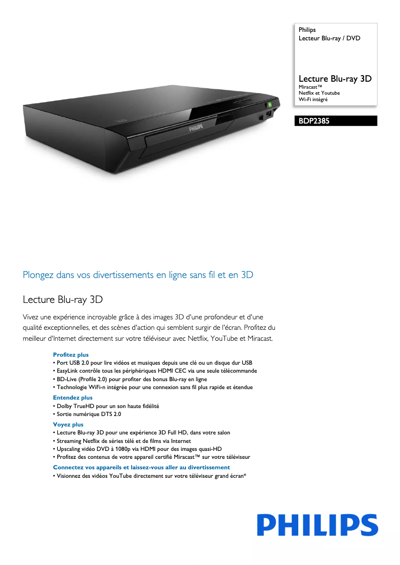 Page 1 de la notice Fiche technique Philips BDP2385