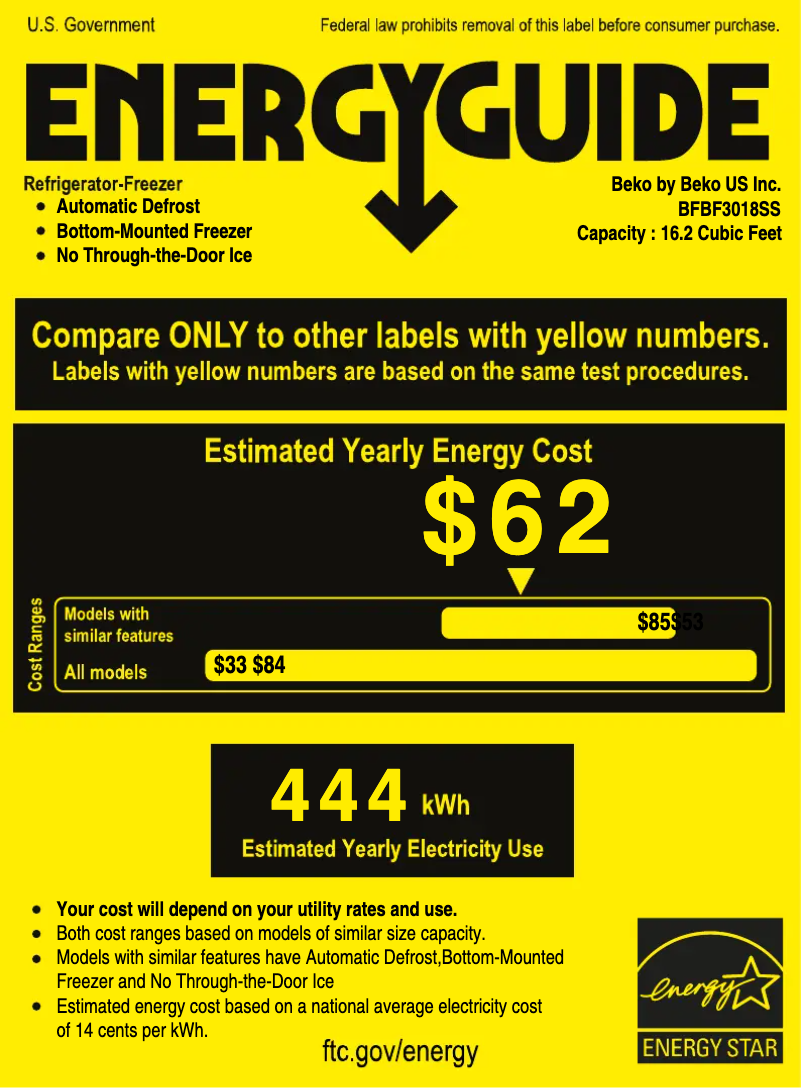 Page 1 de la notice Label énergétique Beko BFBF3018SS