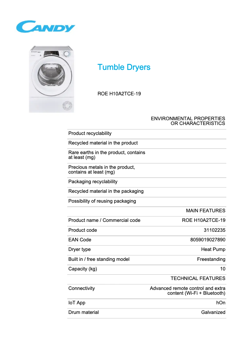 Page 1 de la notice Fiche technique Candy ROE H10A2TCE-19