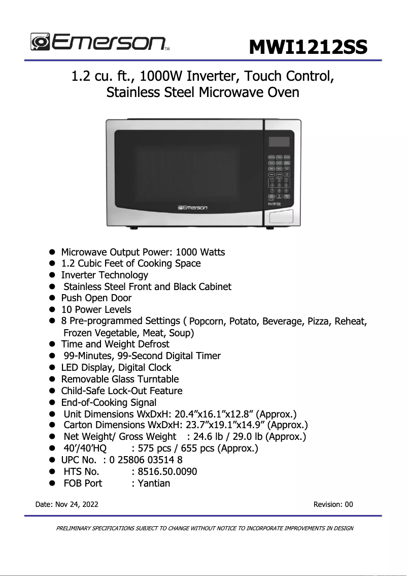Image de la première page du manuel de l'appareil MWI1212SS