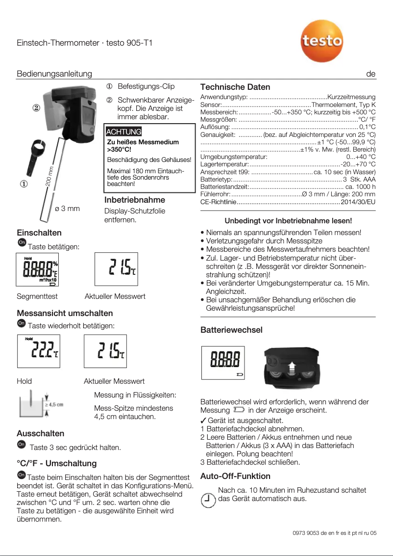 Page 1 de la notice Manuel utilisateur Testo 905-T1