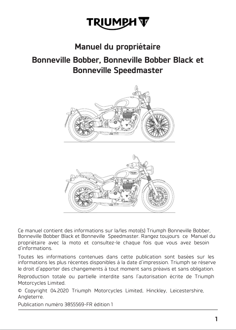 Page 1 de la notice Manuel utilisateur Triumph Bonneville Bobber (2017)