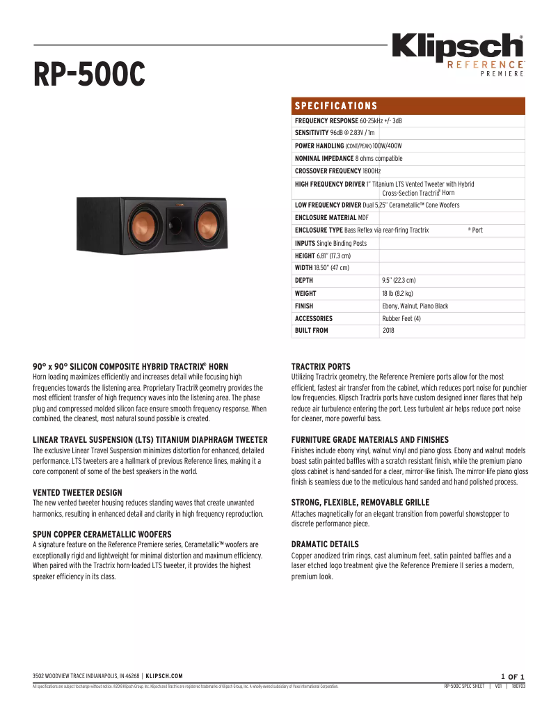 Page n°1 - Fiche technique Klipsch Reference Premiere RP-500C