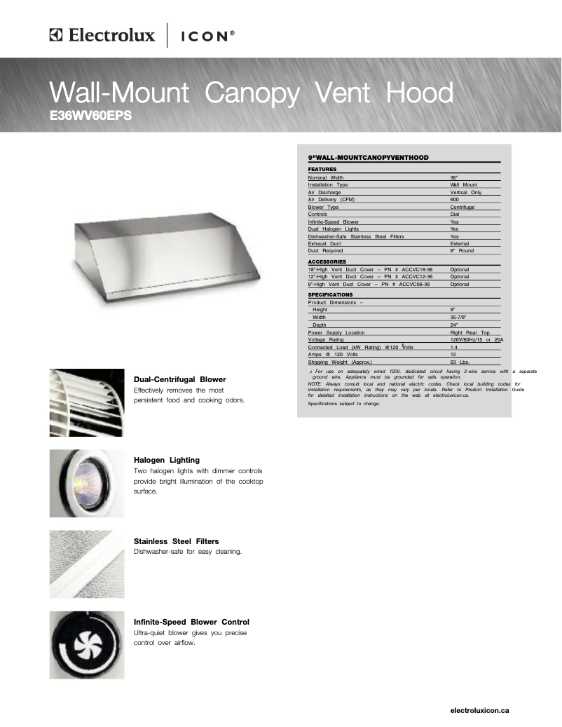 Page 1 de la notice Fiche technique Electrolux E36WV60EPS
