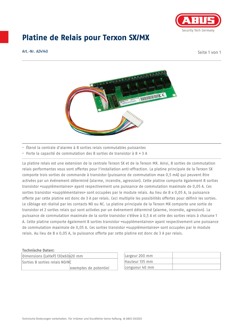 Page n°1 - Fiche technique Abus AZ4140
