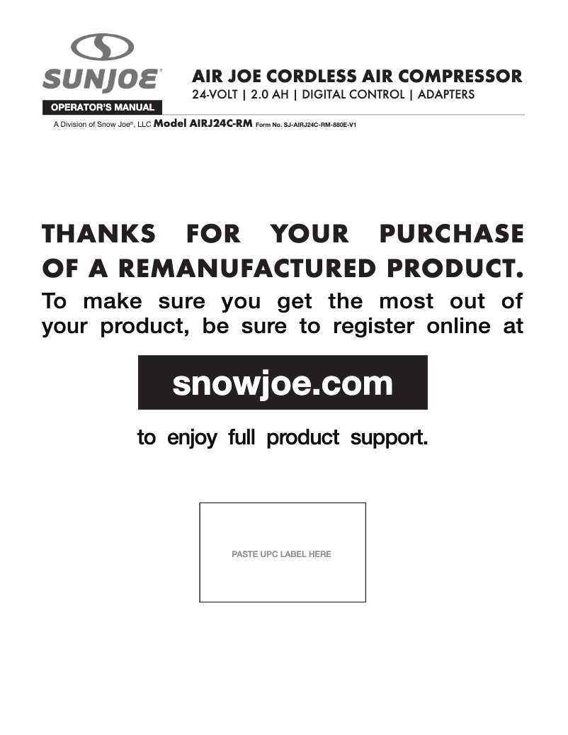 Page 1 de la notice Manuel utilisateur Sun Joe AIRJ24C-RM