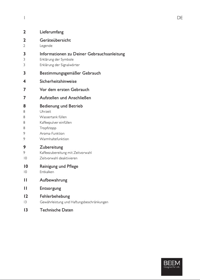 Page 1 de la notice Manuel utilisateur BEEM DIRECT-BREW