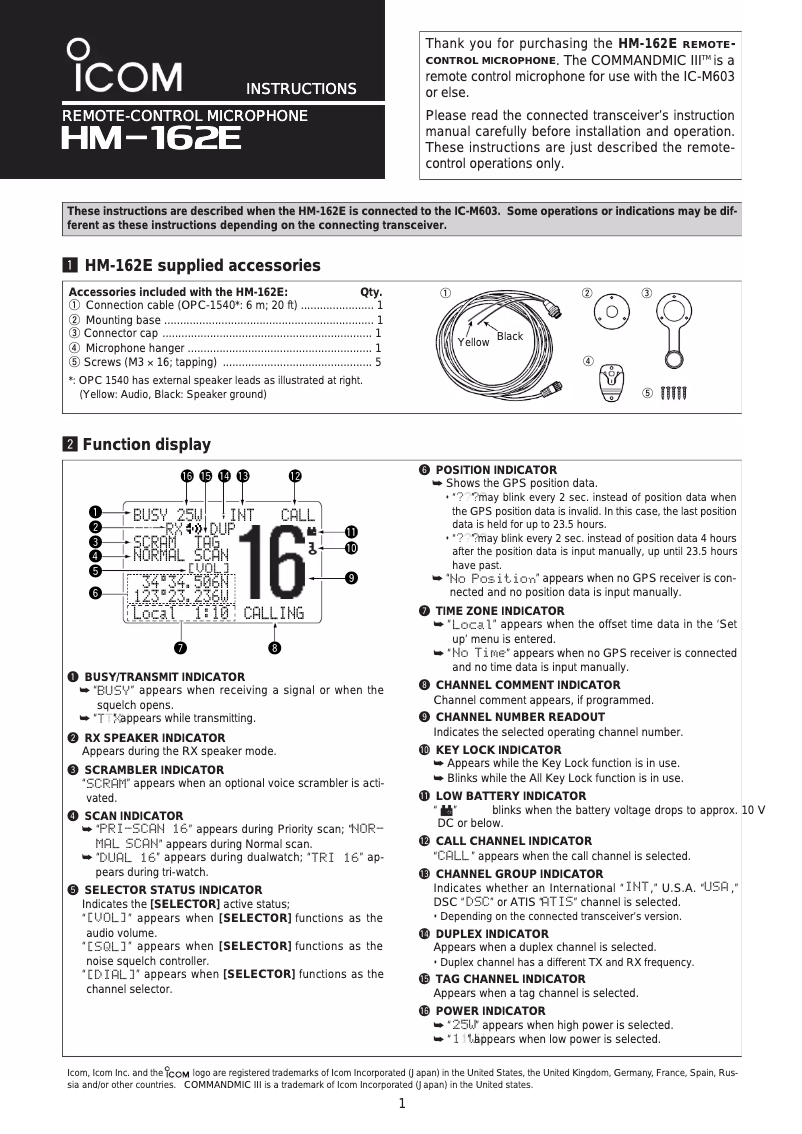 Page 1 de la notice Manuel utilisateur ICOM HM-162E
