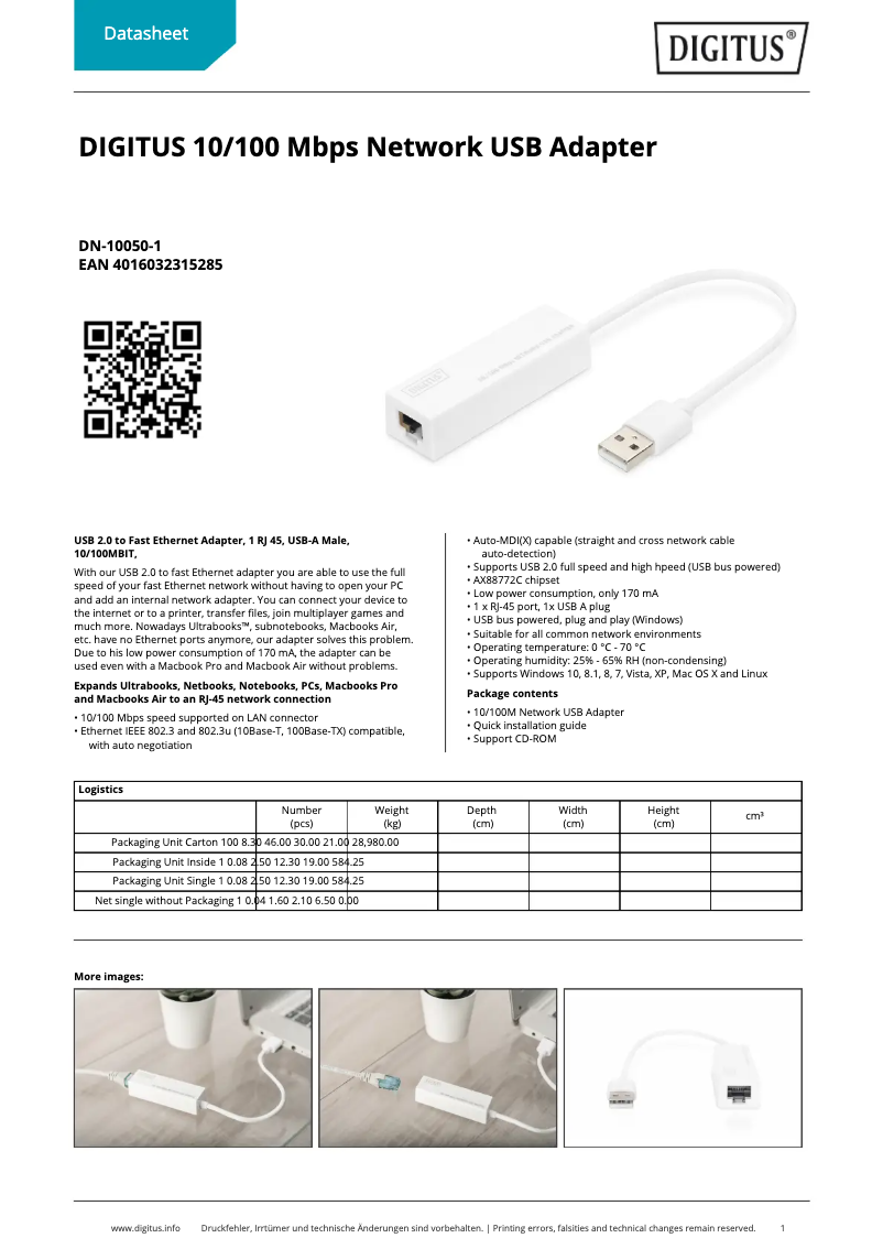 Page 1 de la notice Fiche technique Digitus DN-10050-1