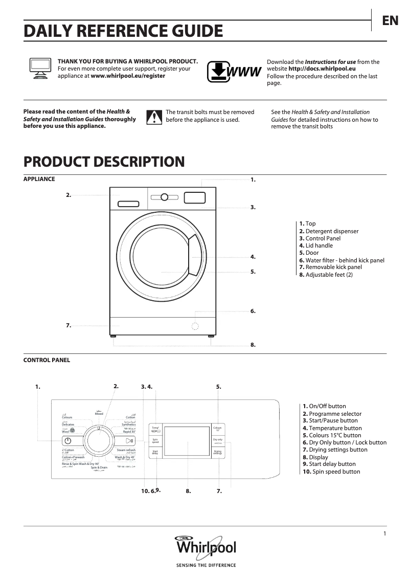 Page 1 de la notice Instructions / montage Whirlpool WWDC 10714 S