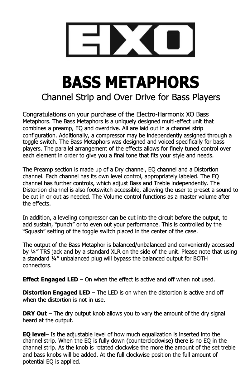 Page 1 de la notice Manuel utilisateur Electro Harmonix Bass Metaphors