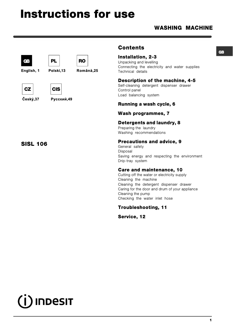 Page n°1 - Manuel utilisateur Indesit SISL 106 (EU)