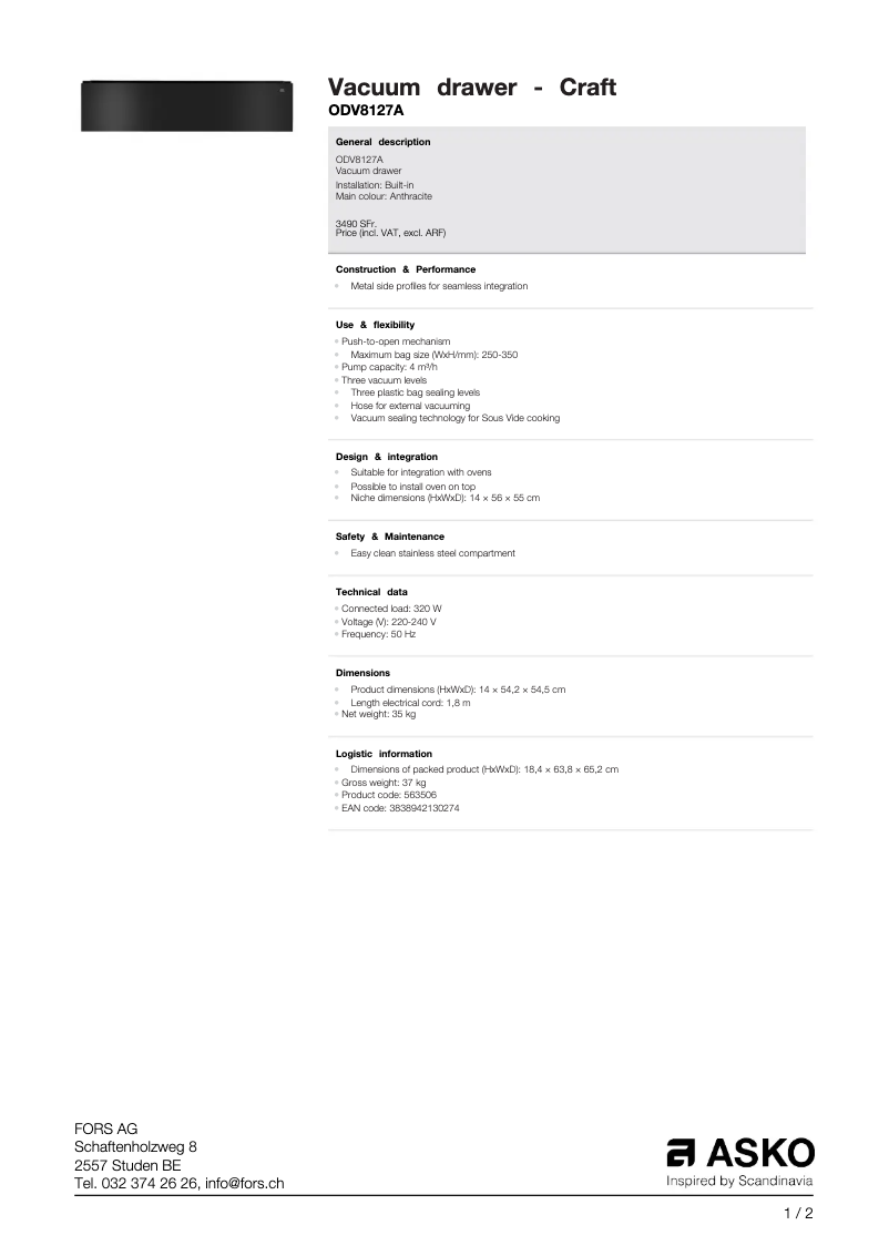Page n°1 - Fiche technique Asko ODV8127A
