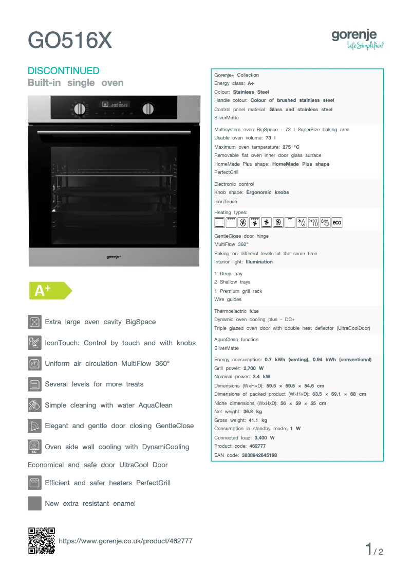 Page n°1 - Fiche technique Gorenje GO516X