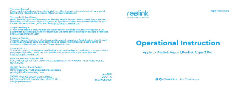 Page 1 de la notice Manuel utilisateur Reolink Argus 3 2K