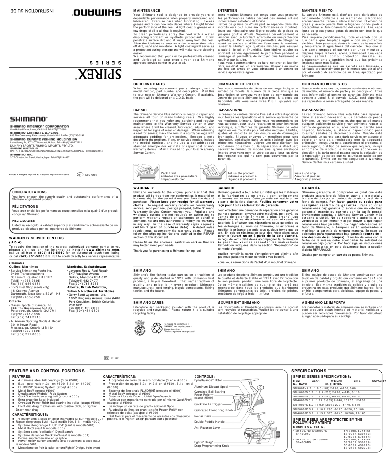 Page 1 de la notice Manuel utilisateur Shimano Spirex 1000RD