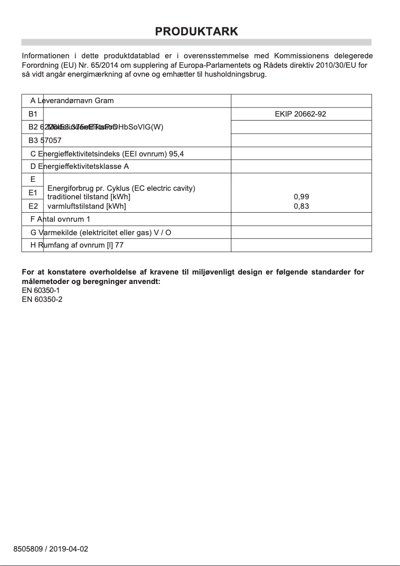Page n°1 - Label énergétique Gram EKIP 20662-92