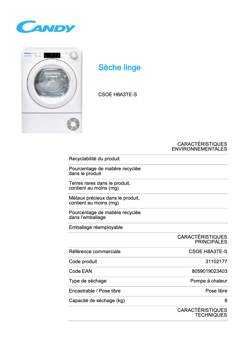 Page 1 de la notice Fiche technique Candy CSOE H8A3TE