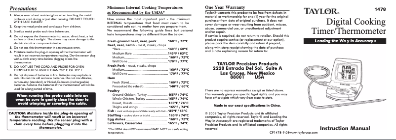 Imagen de la primera página del manual del dispositivo 1478