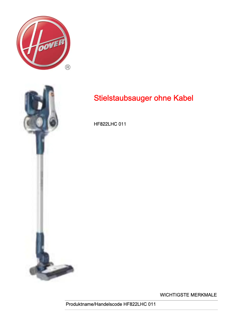 Página 1 del manual Ficha técnica Hoover H-FREE 800 LITE