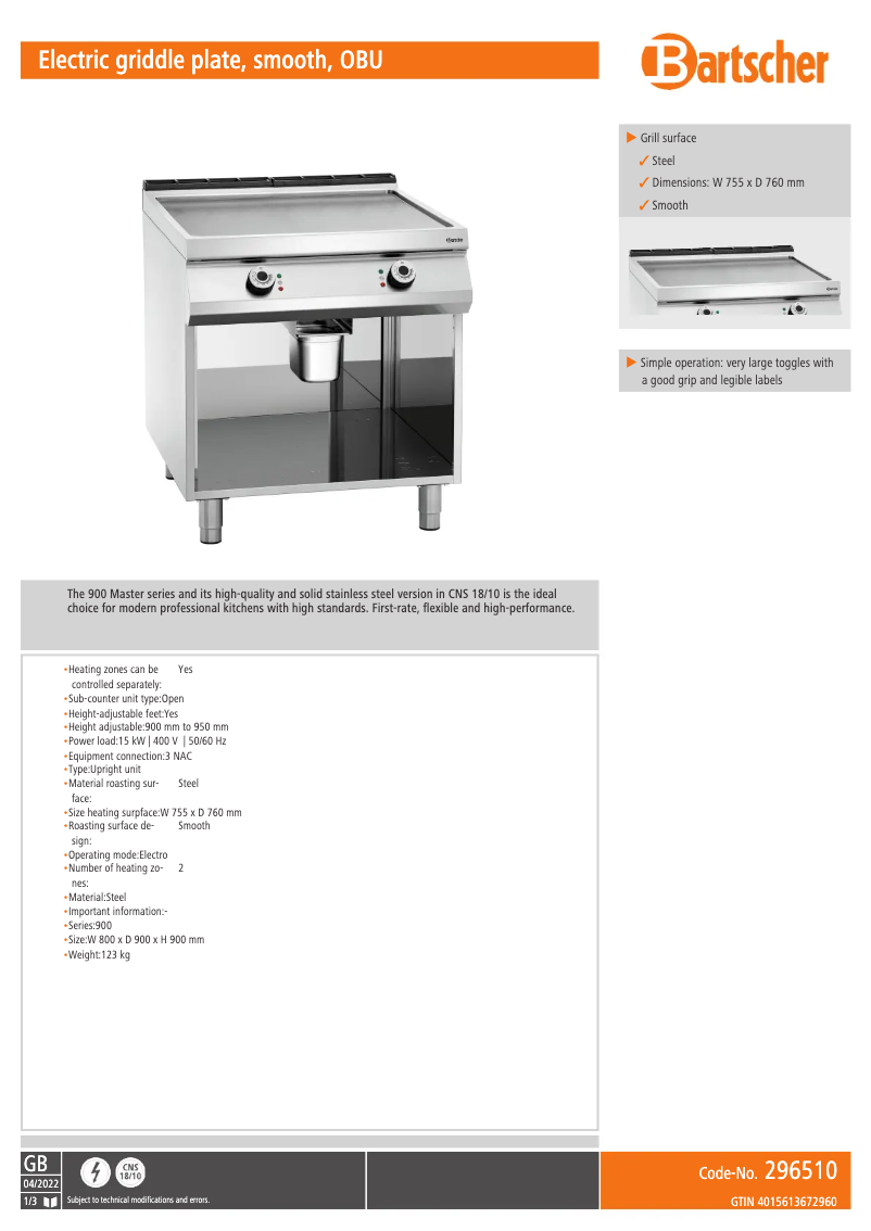 Page 1 de la notice Fiche technique Bartscher 296510