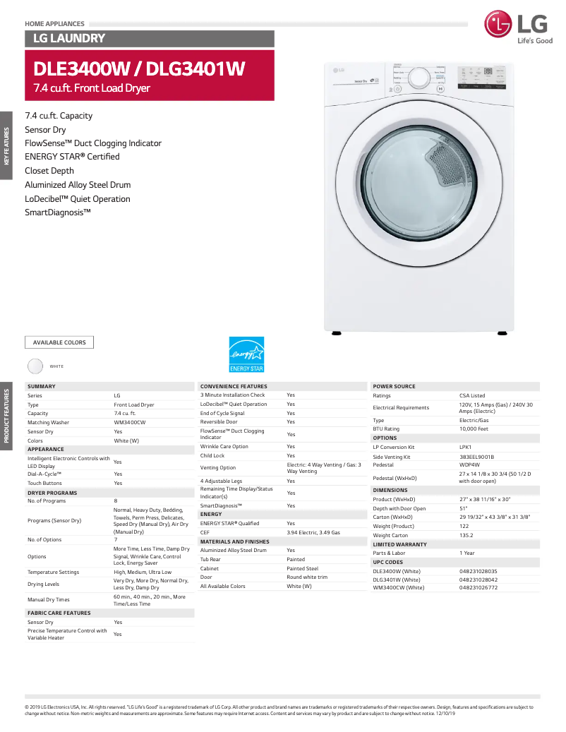 Page 1 de la notice Fiche technique LG D3401W