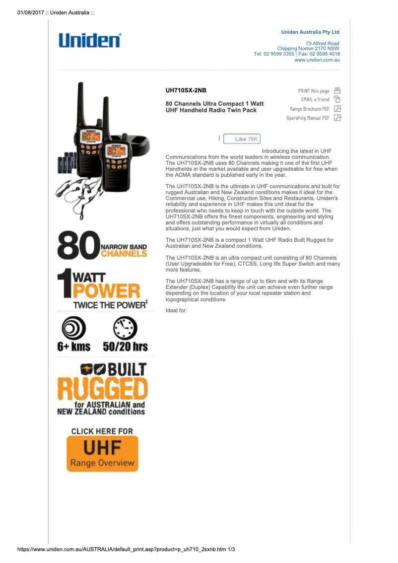 Page 1 de la notice Fiche technique Uniden UH710SX-2NB